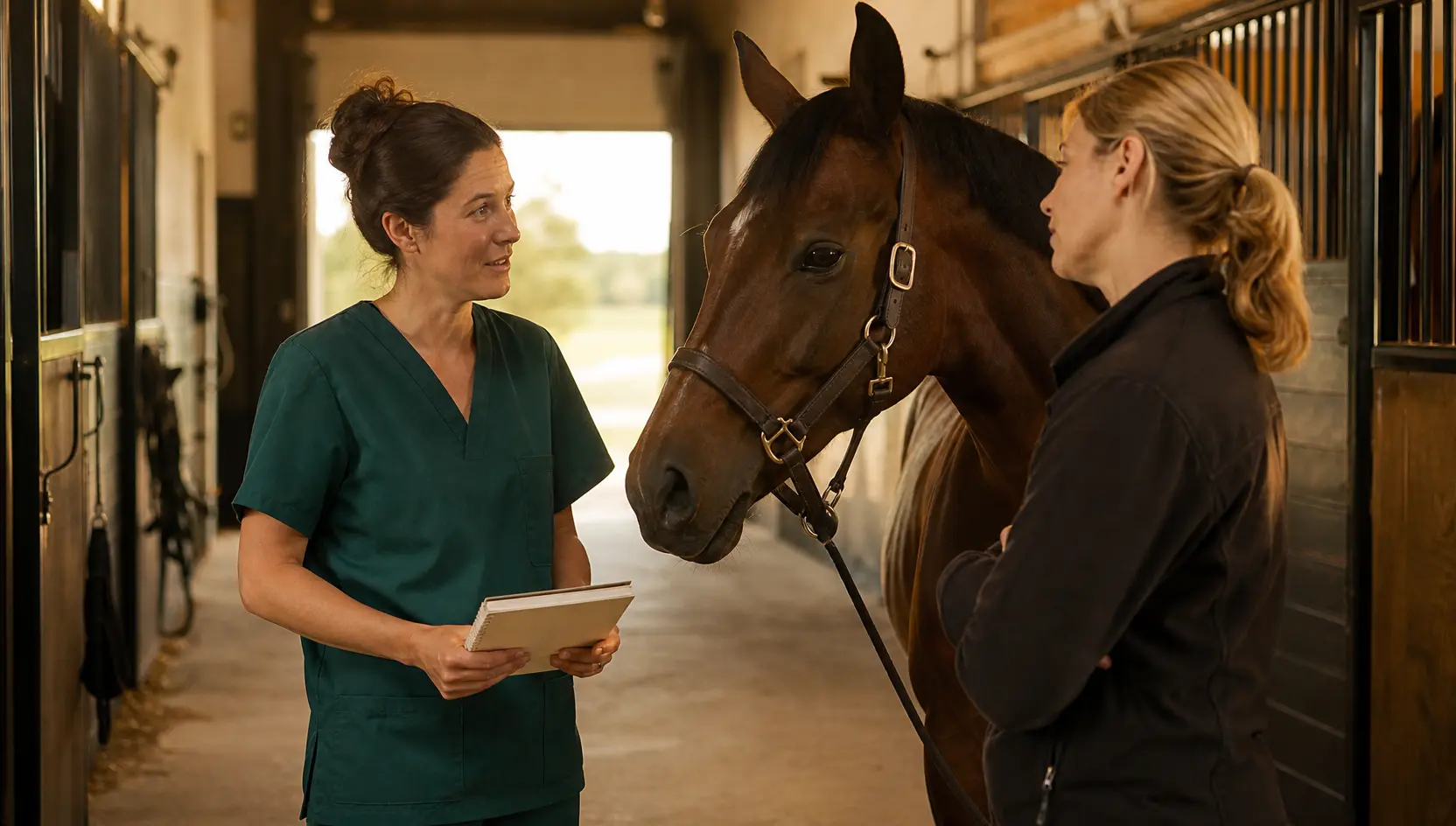 Veterinär som undersöker en häst i stall tillsammans med hästägare